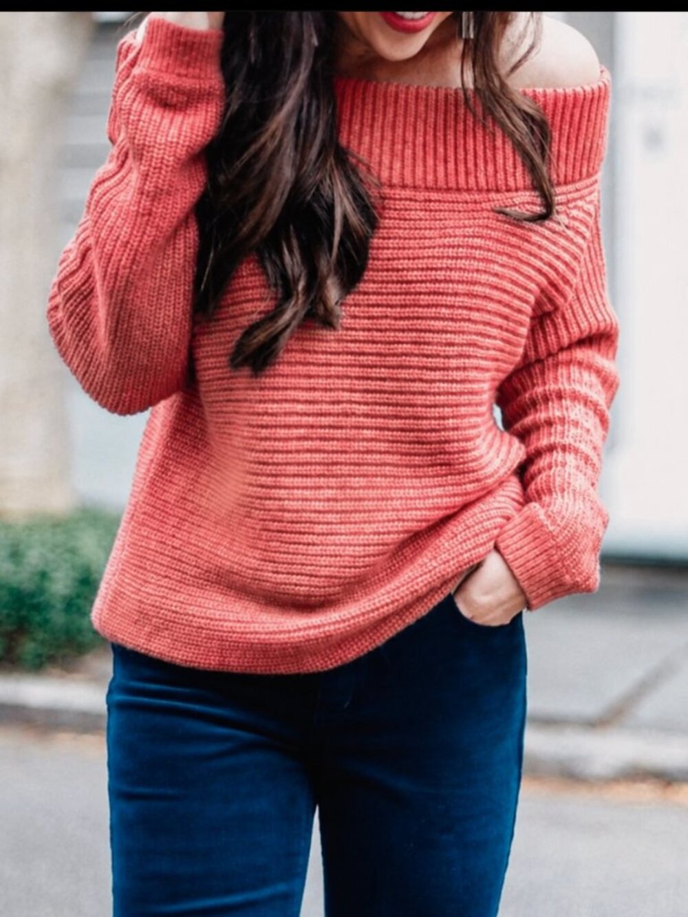 NWT Express 2016 Off Shoulder Sweater Pink Salmon Chunky Small Cable